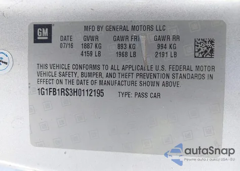 2017 Chevrolet Camaro 1Lt z USA, uszkodzony, nr VIN 1G1FB1RS3H0112195